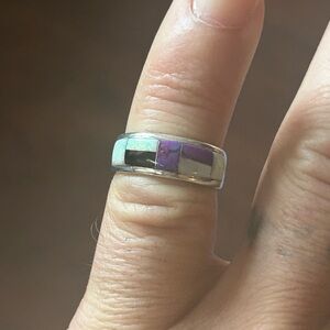 STERLING SILVER NATIVE AMERICAN SIGNED MOJAVE TURQUOISE OPAL ONYX SIGNED RING 7